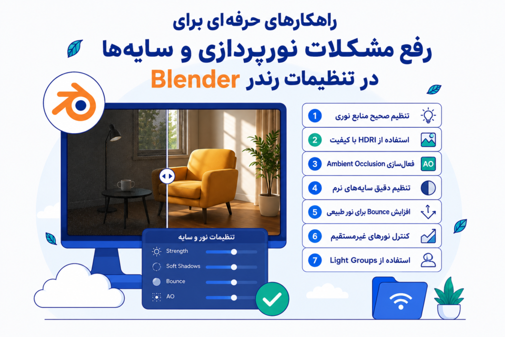 آموزش بهترین تنظیمات رندر در Blender (راهنمای کامل 2026) 4 راهکارهای حرفهای برای رفع مشکلات نورپردازی و سایهها در تنظیمات رندر Blender